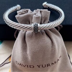 David Yurman Sterling Silver Cable Cuff with Black Pavé Accent 7mm